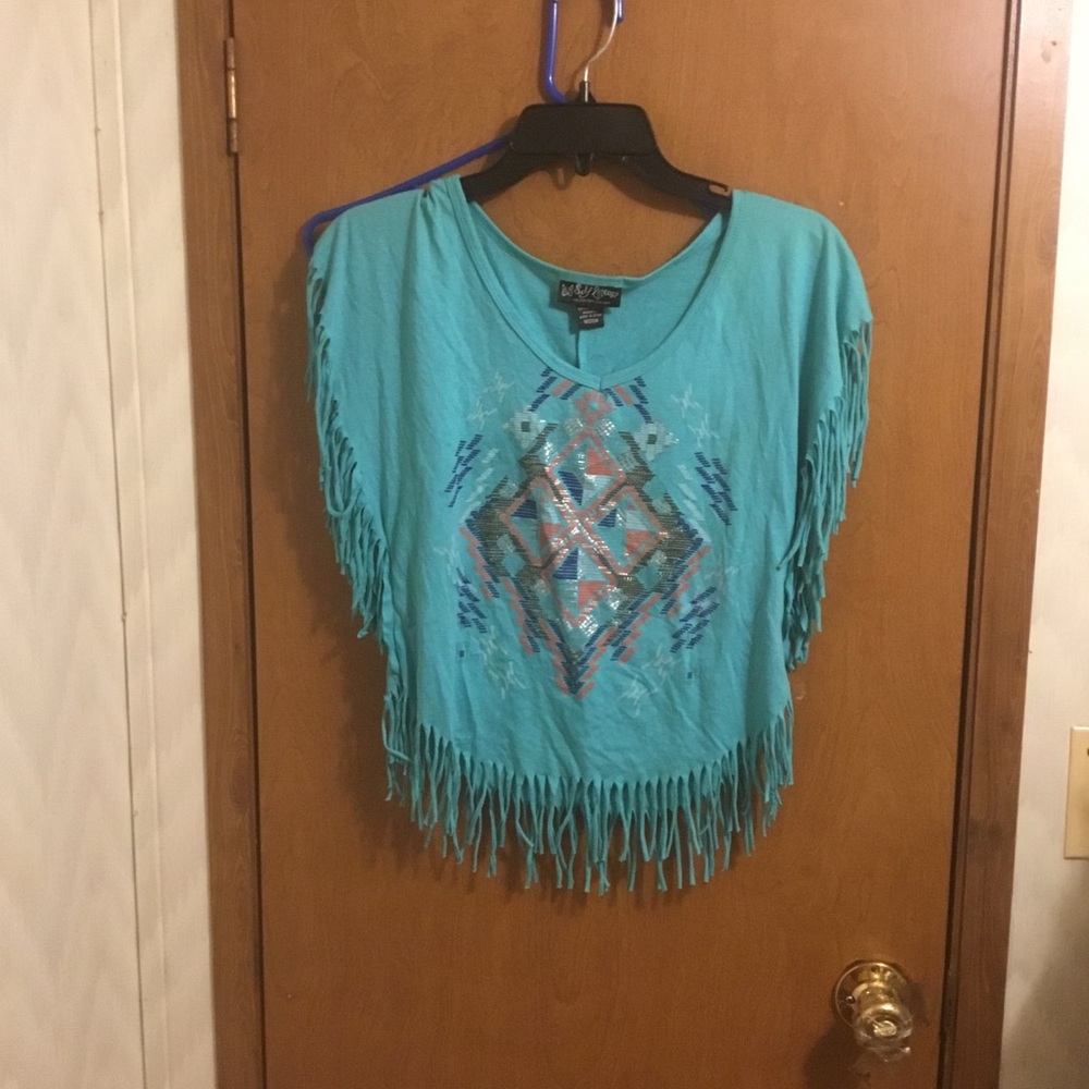 Self Esteem Green Geomertic Native American Boho Fringe Short Sleeve Crop Top M